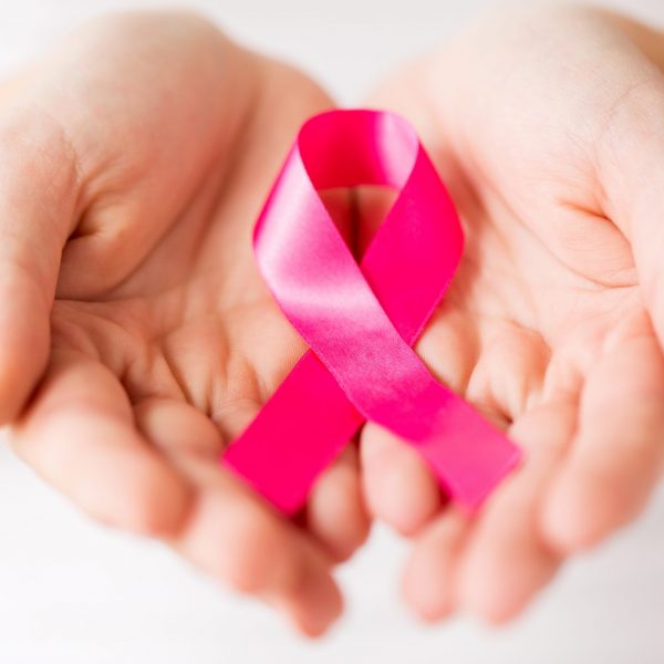 healthcare, charity, people and medicine concept - close up of woman cupped hands holding pink cancer awareness ribbon